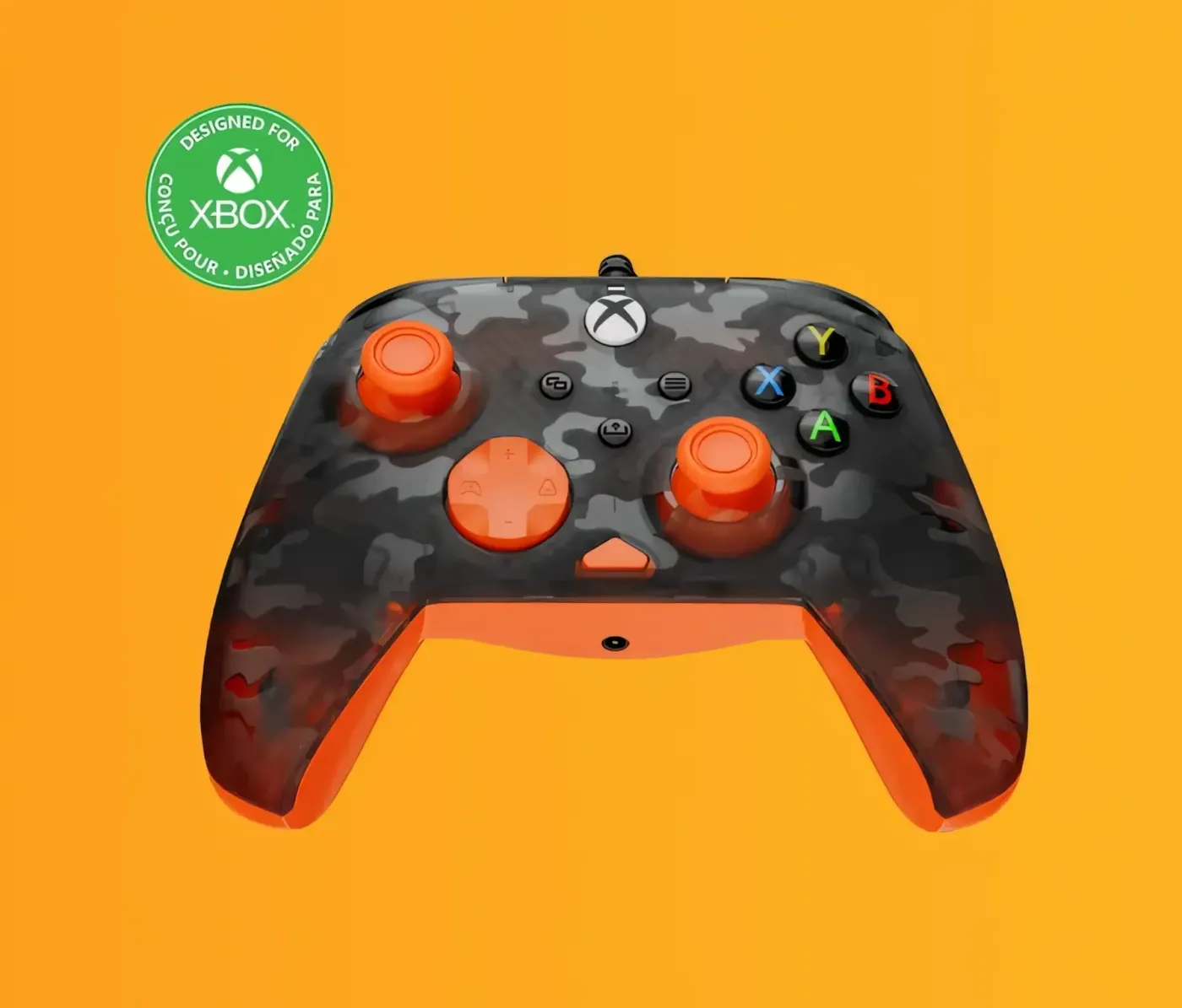 Camo-patterned Xbox controller with orange accents on bright background