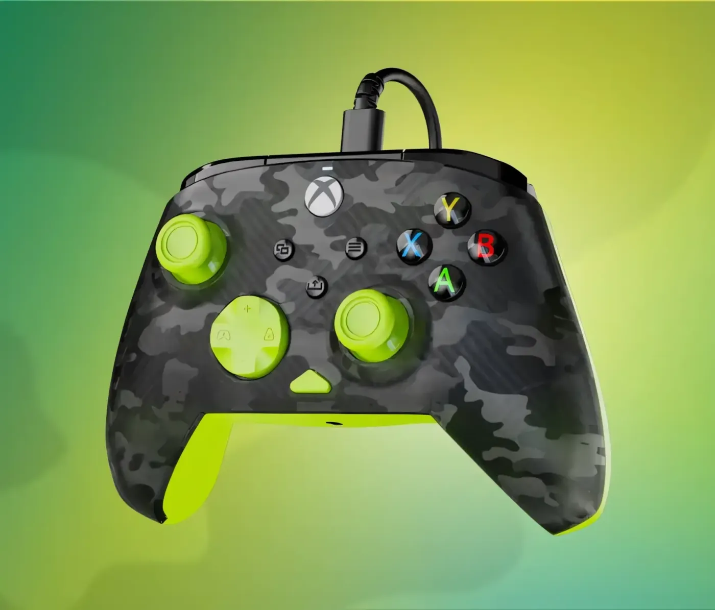 Black and green camo gaming controller displayed against a gradient green background