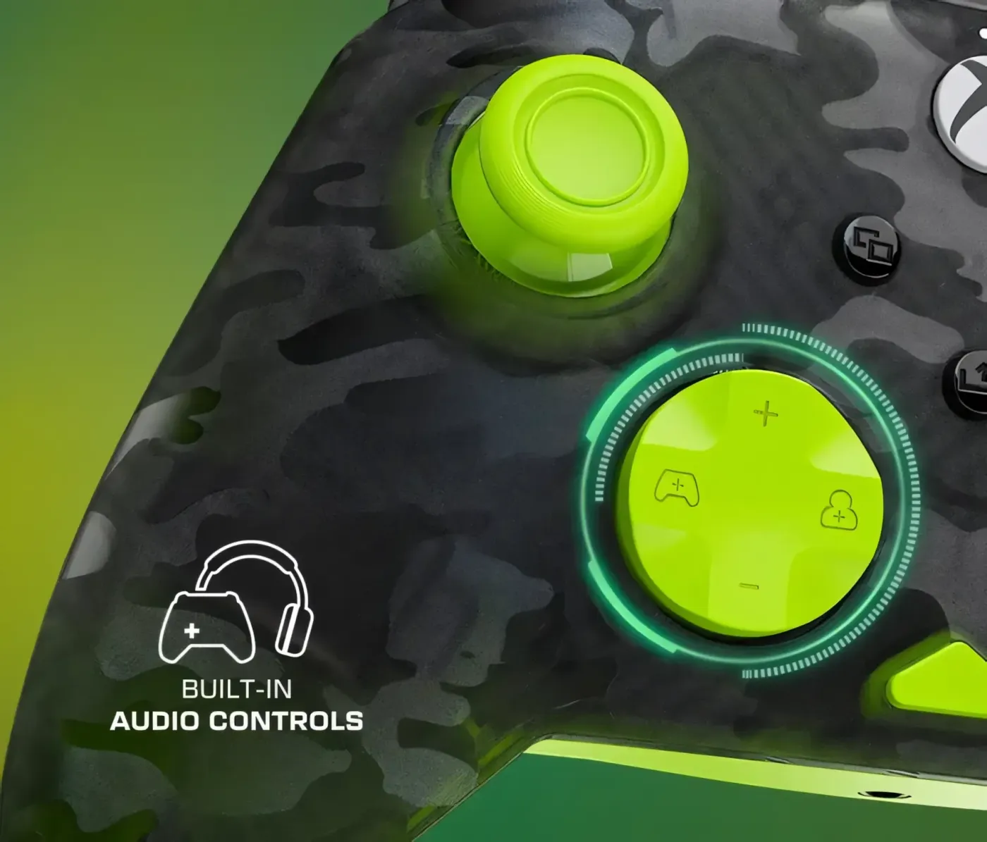 Close-up of gaming controller featuring built-in audio controls with camouflage design and bright green accents