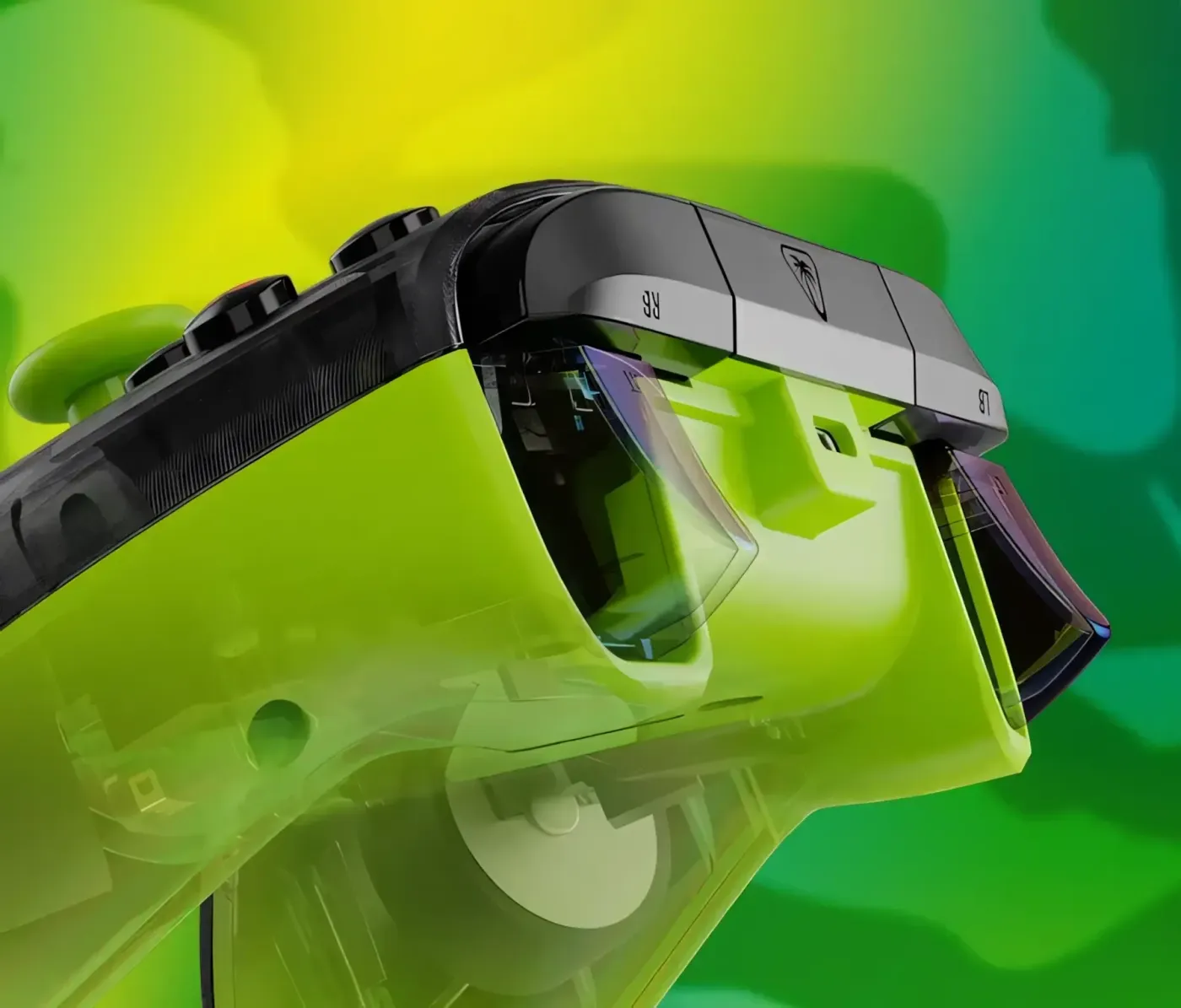 Close-up of green gaming controller against vibrant abstract green background