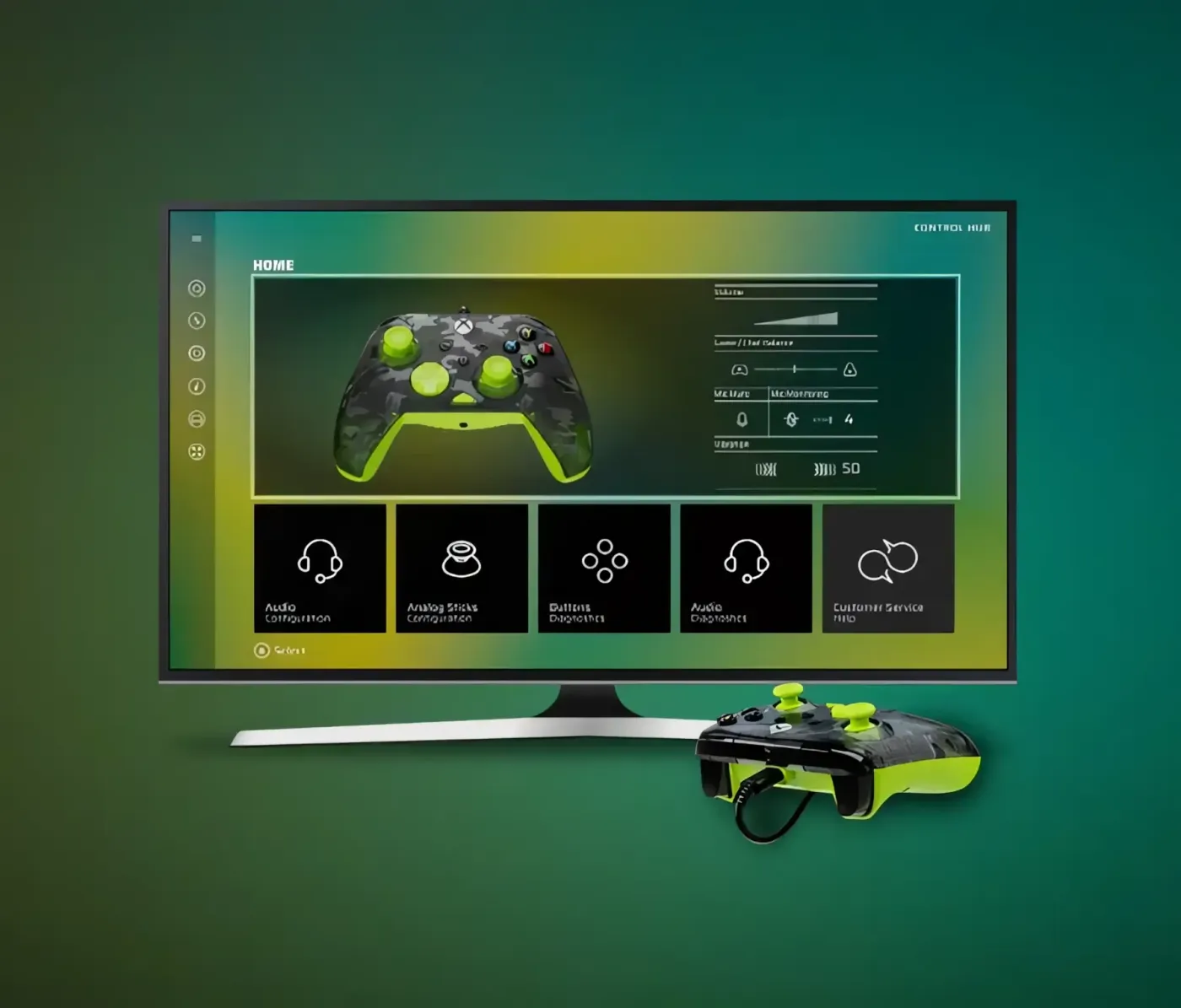 Gaming controller displayed on TV screen with configuration options against gradient green background