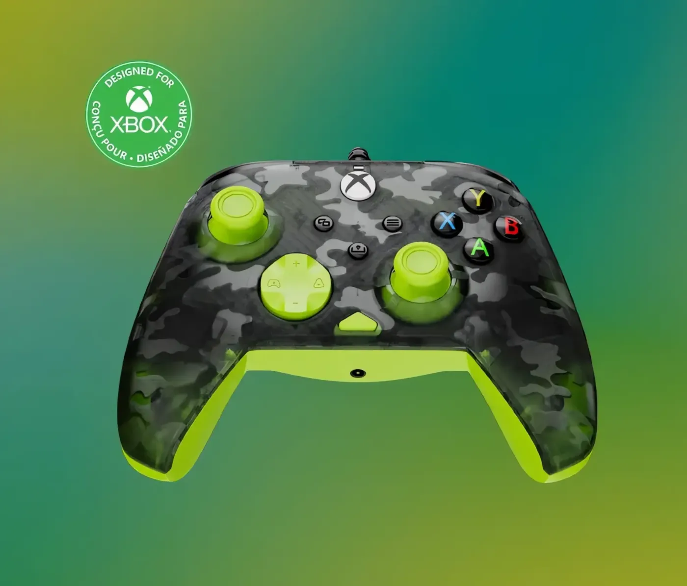 Camo-patterned Xbox controller with bright green accents on gradient background