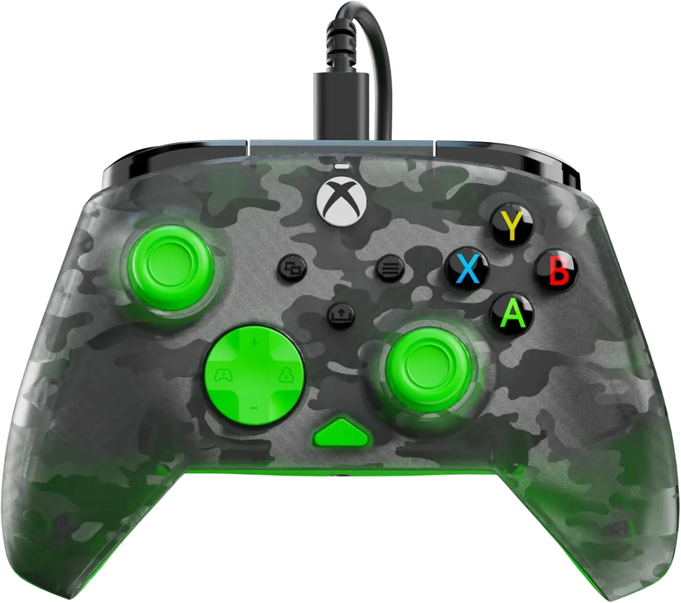 Gaming controller close-up with camouflage design and orange accents