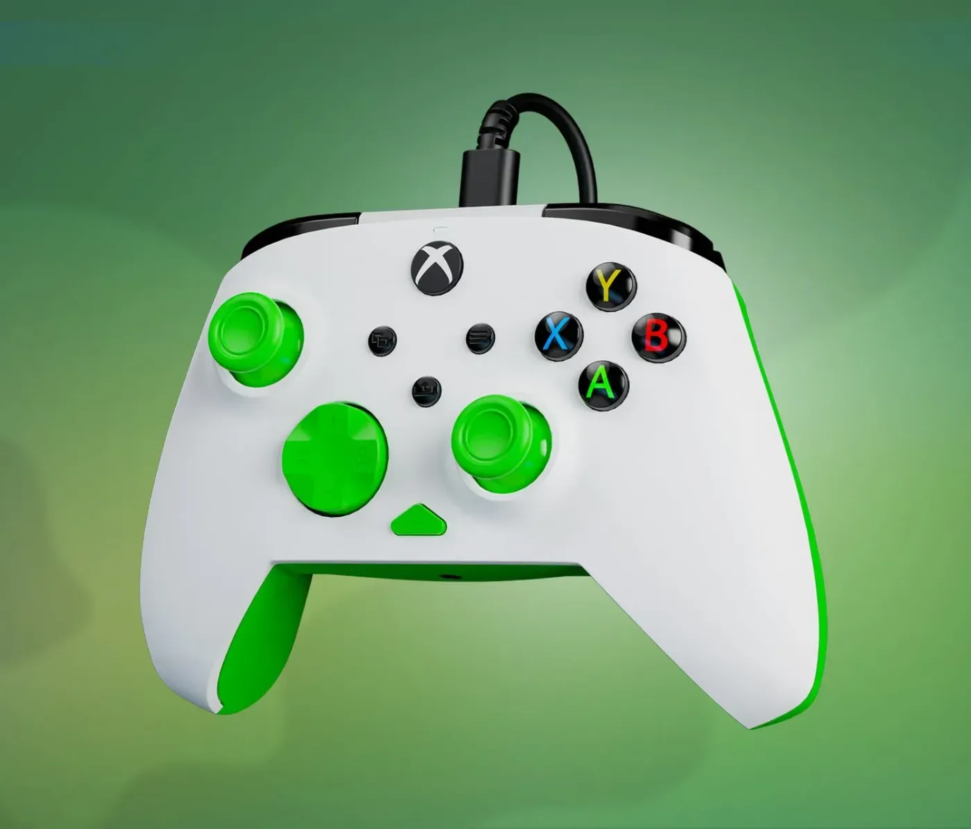 White gaming controller with green accents featuring buttons and joysticks