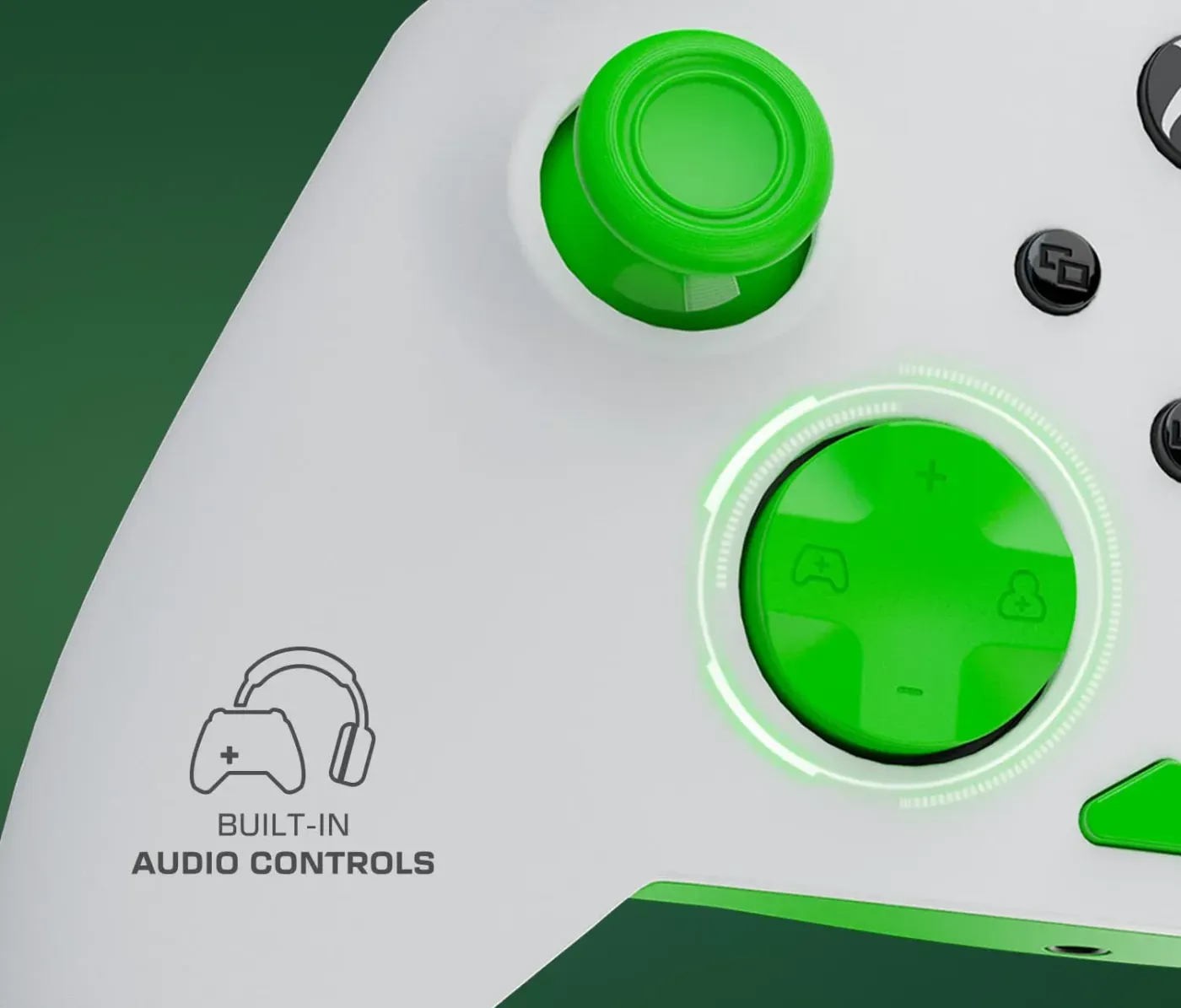 Gaming controller showcasing integrated audio controls with green and white design