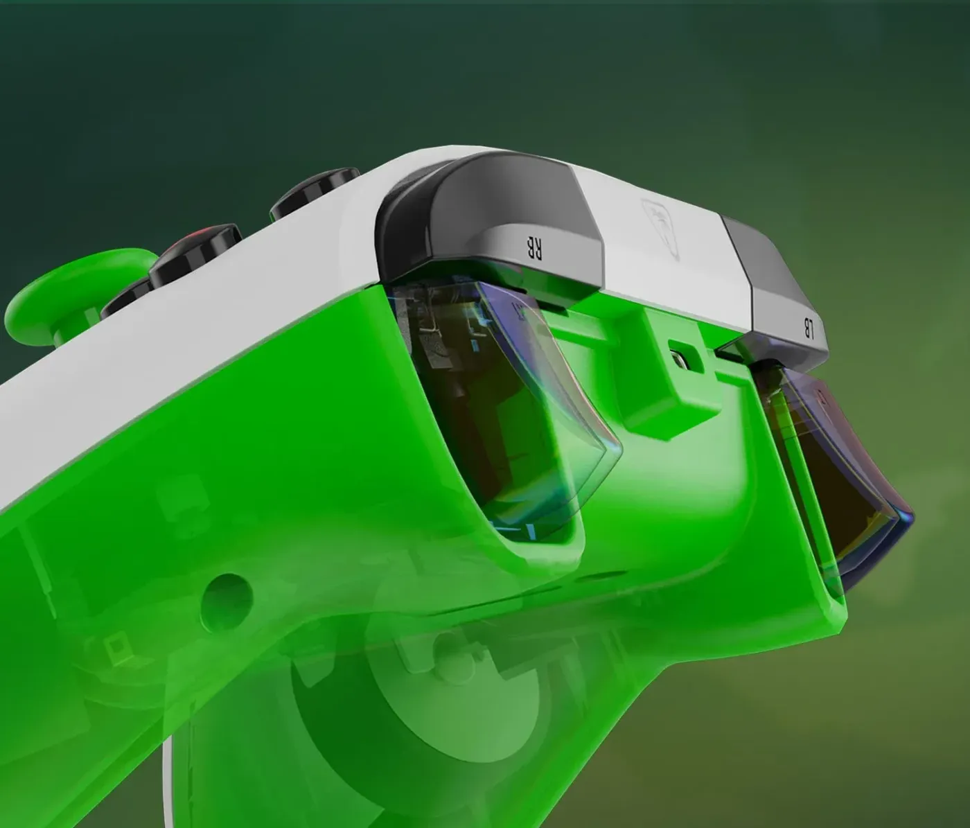 Transparent green gaming controller with black buttons demonstrating immersive features