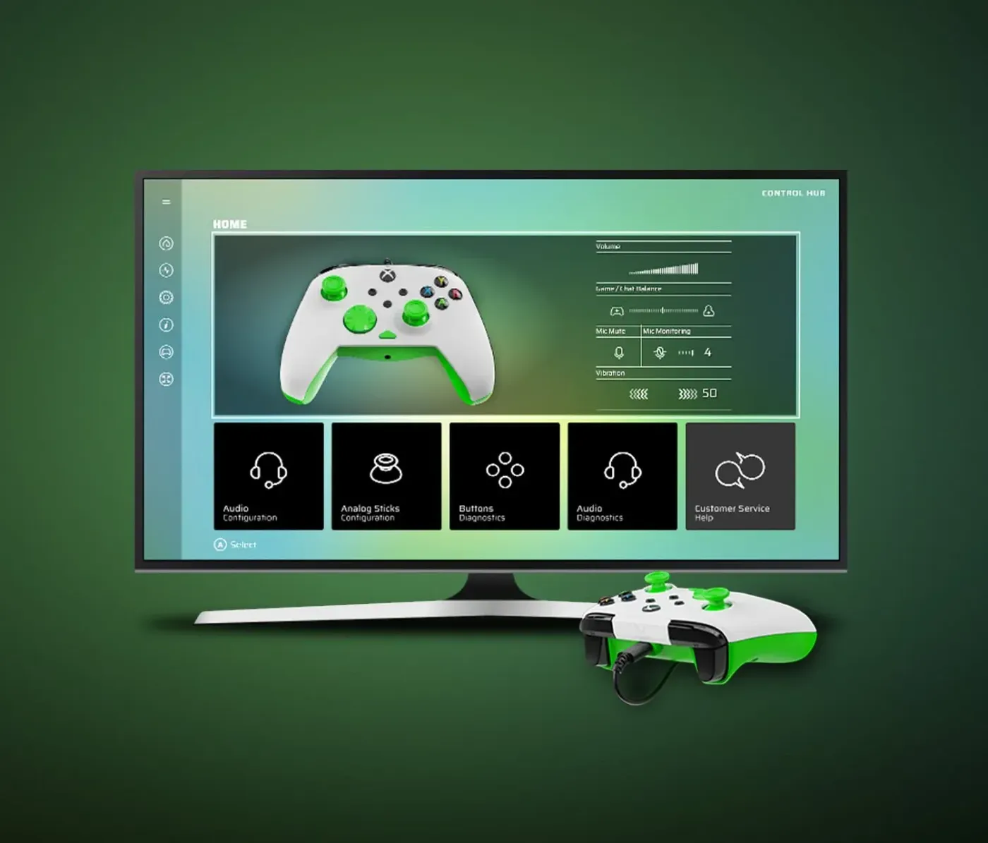 Gaming controller with monitor displaying audio and button configuration settings