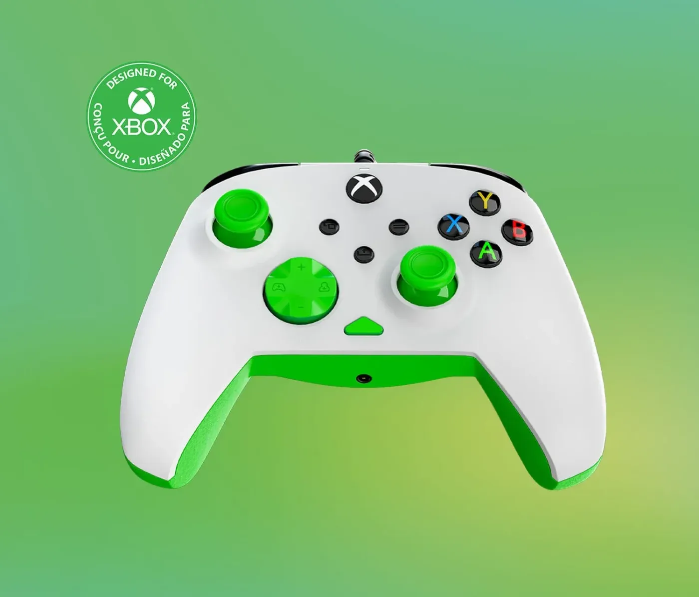 White Xbox controller with green accents and USB-C connection