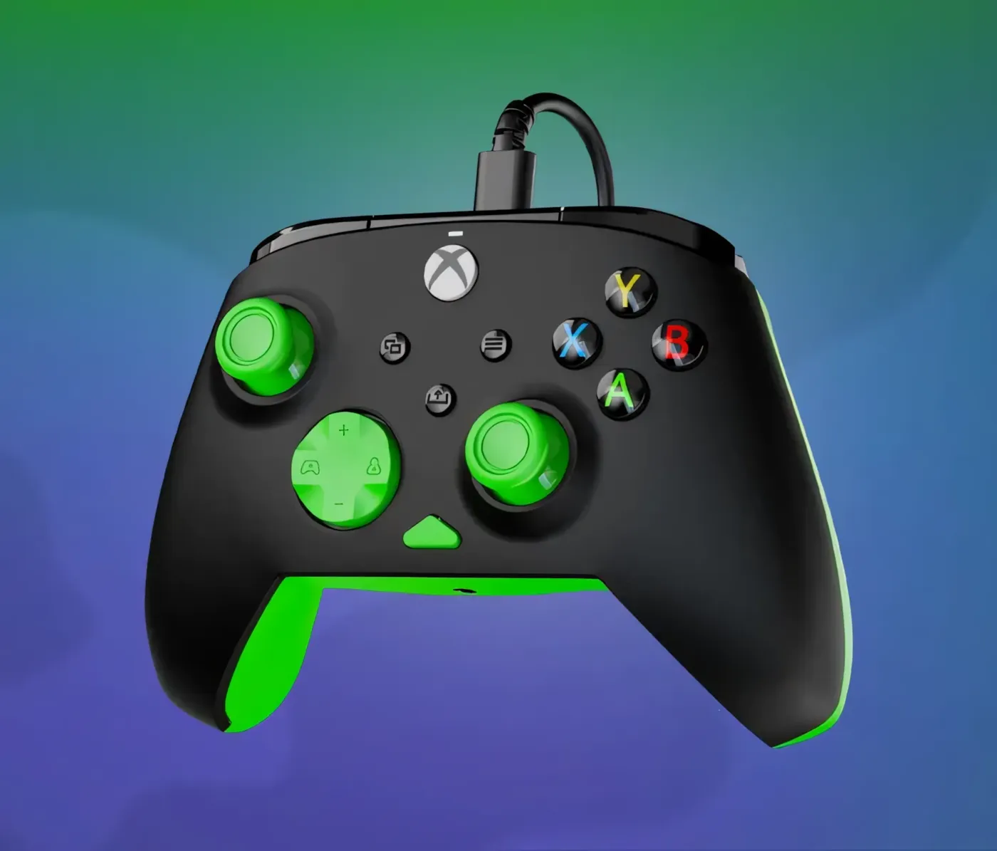 Black gaming controller with green accents on gradient blue and green background