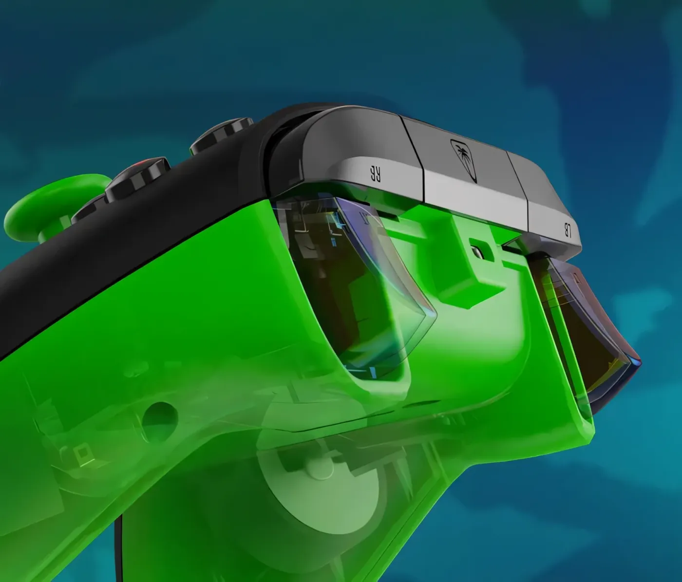 Green gaming controller with sleek design featuring dual rumble motors and impulse triggers