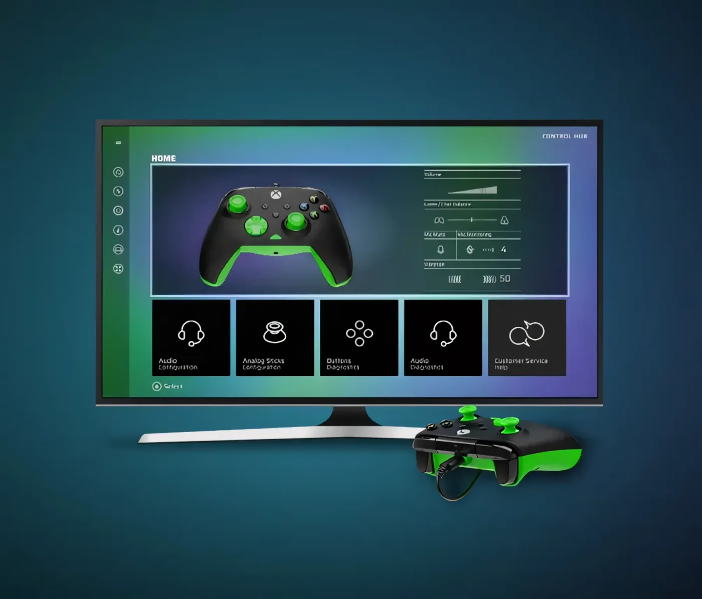 Gaming controller displayed on TV screen showing Control Hub configuration interface