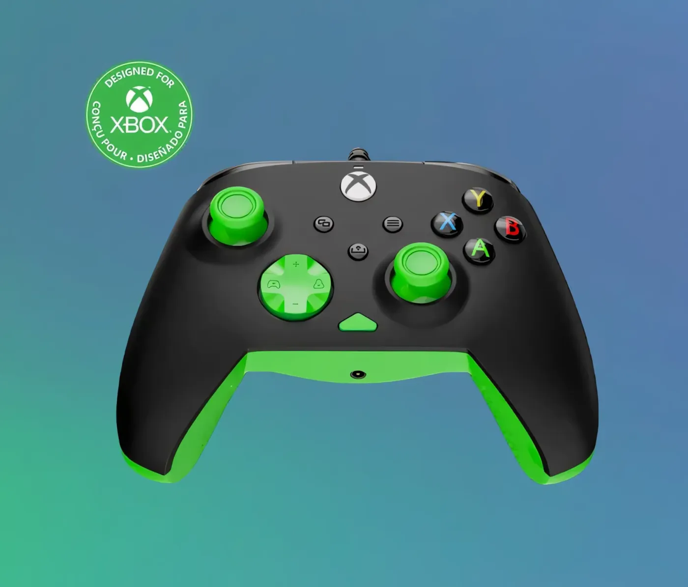 Xbox controller with black and green accents showcasing official licensing compatibility