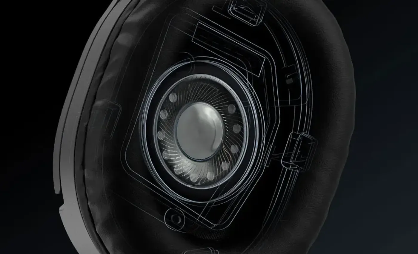 Close-up view of the 40mm over-ear speaker drivers on the gaming headset
