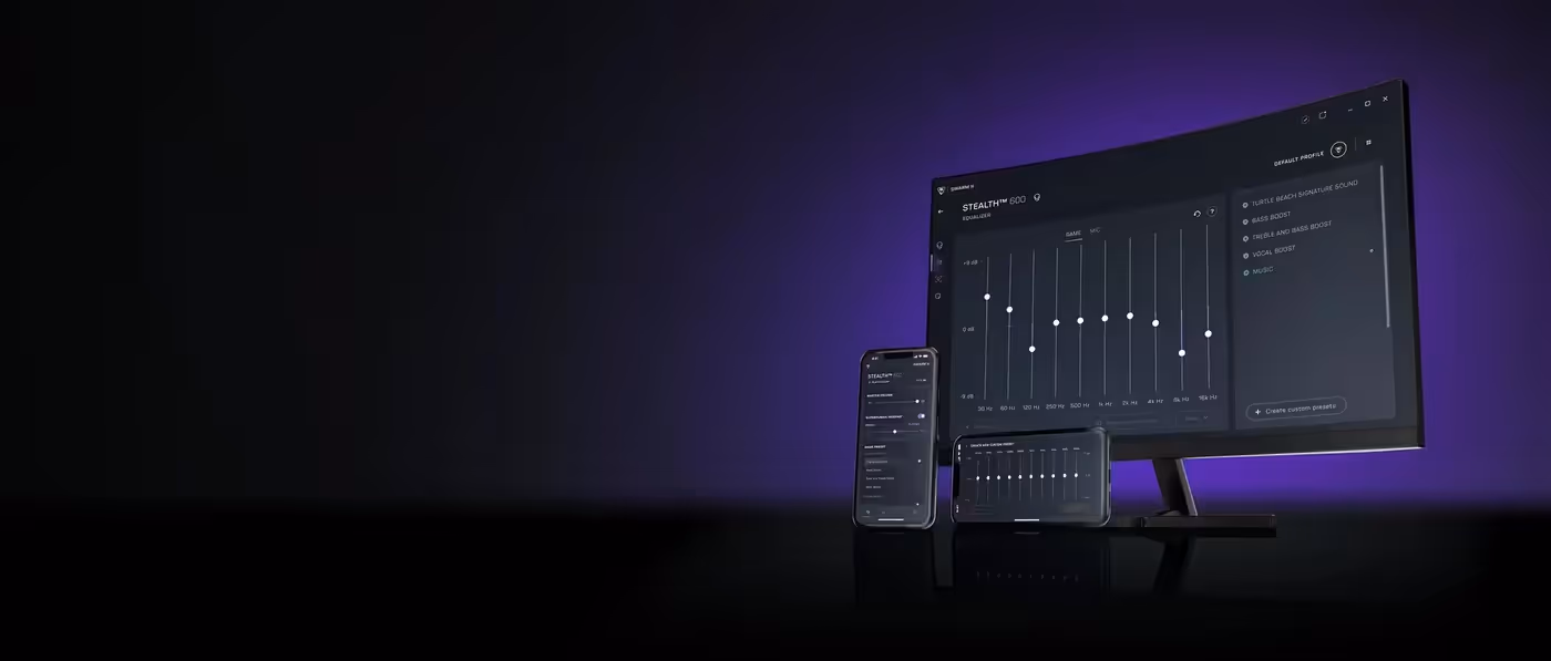 Turtle Beach wireless headset connected to the Swarm II app for audio tuning