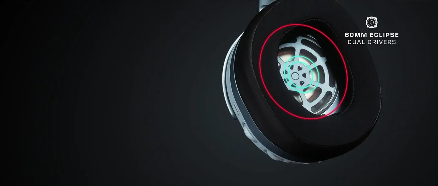 View highlighting the 60mm Eclipse dual drivers inside the white Stealth 700 Gen 3