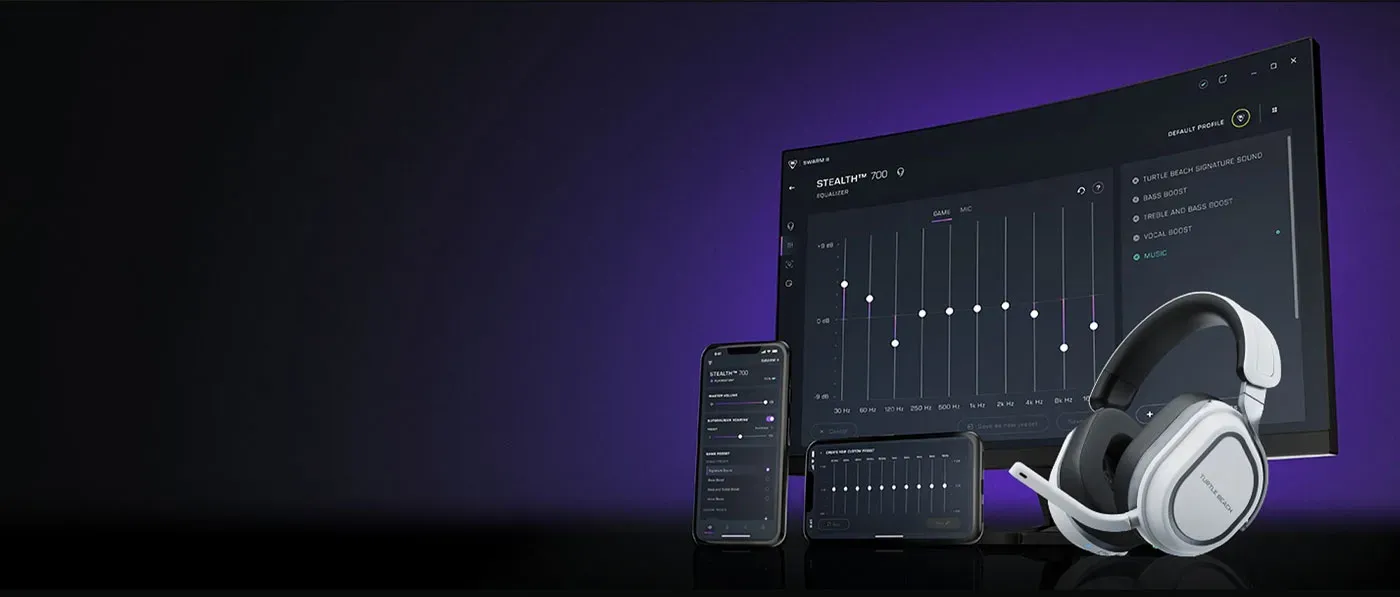 Swarm II app equaliser settings shown alongside the white Stealth 700 Gen 3