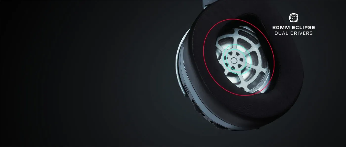 View highlighting the 60mm Eclipse dual drivers inside the black Stealth 700 Gen 3