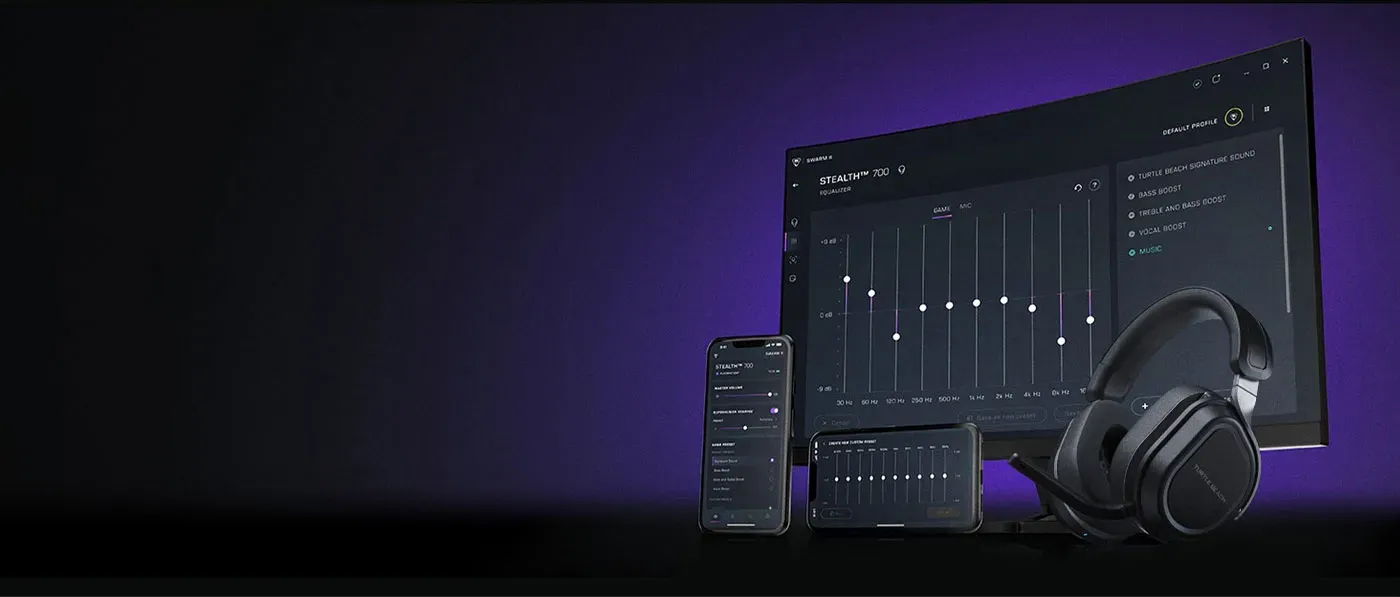 Swarm II app audio customisation controls shown with the black Stealth 700 Gen 3