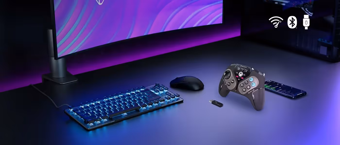 Wireless gaming controller configured with connection options for PC and Xbox