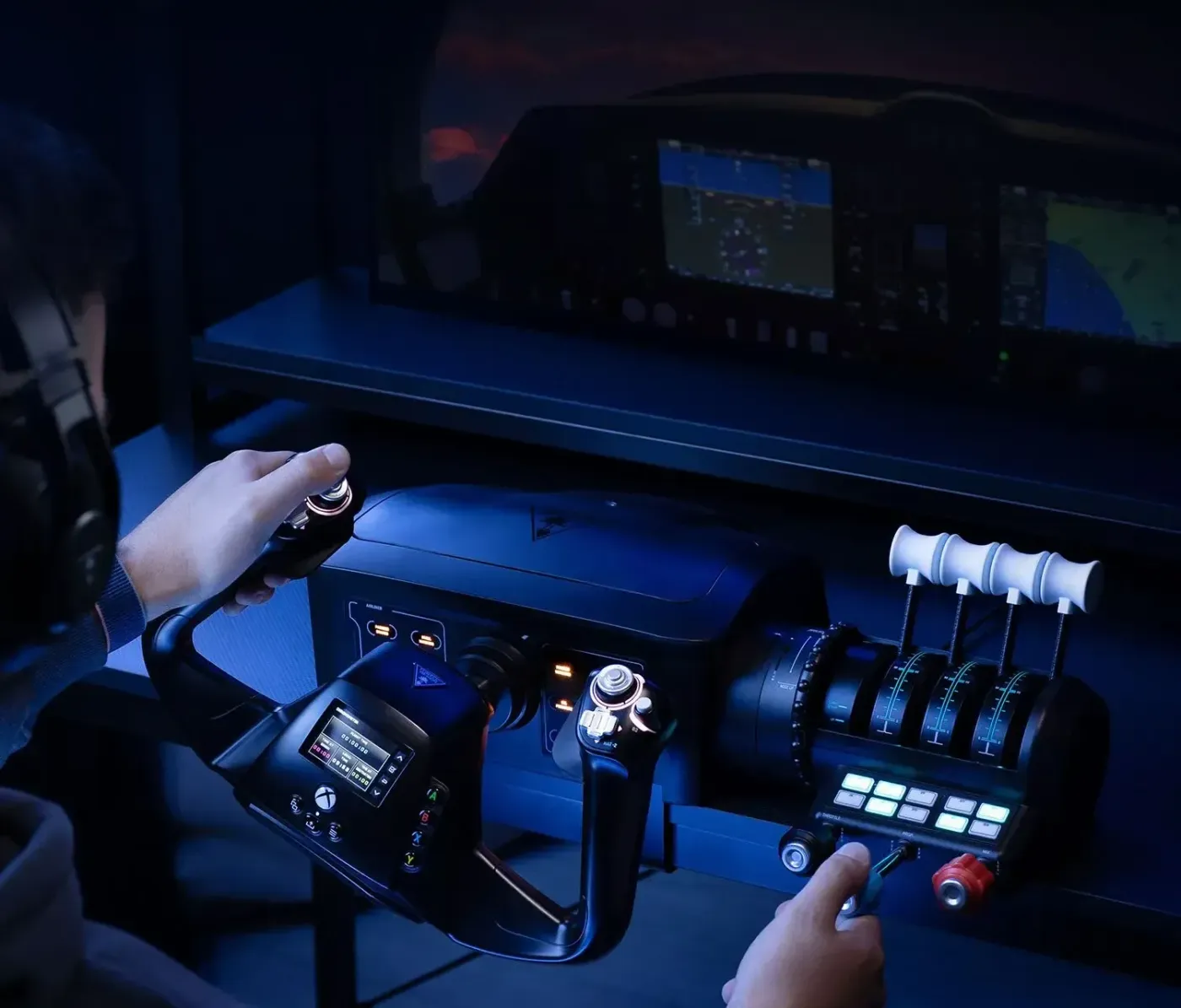 Person using VelocityOne Flight control system in flight simulator setup