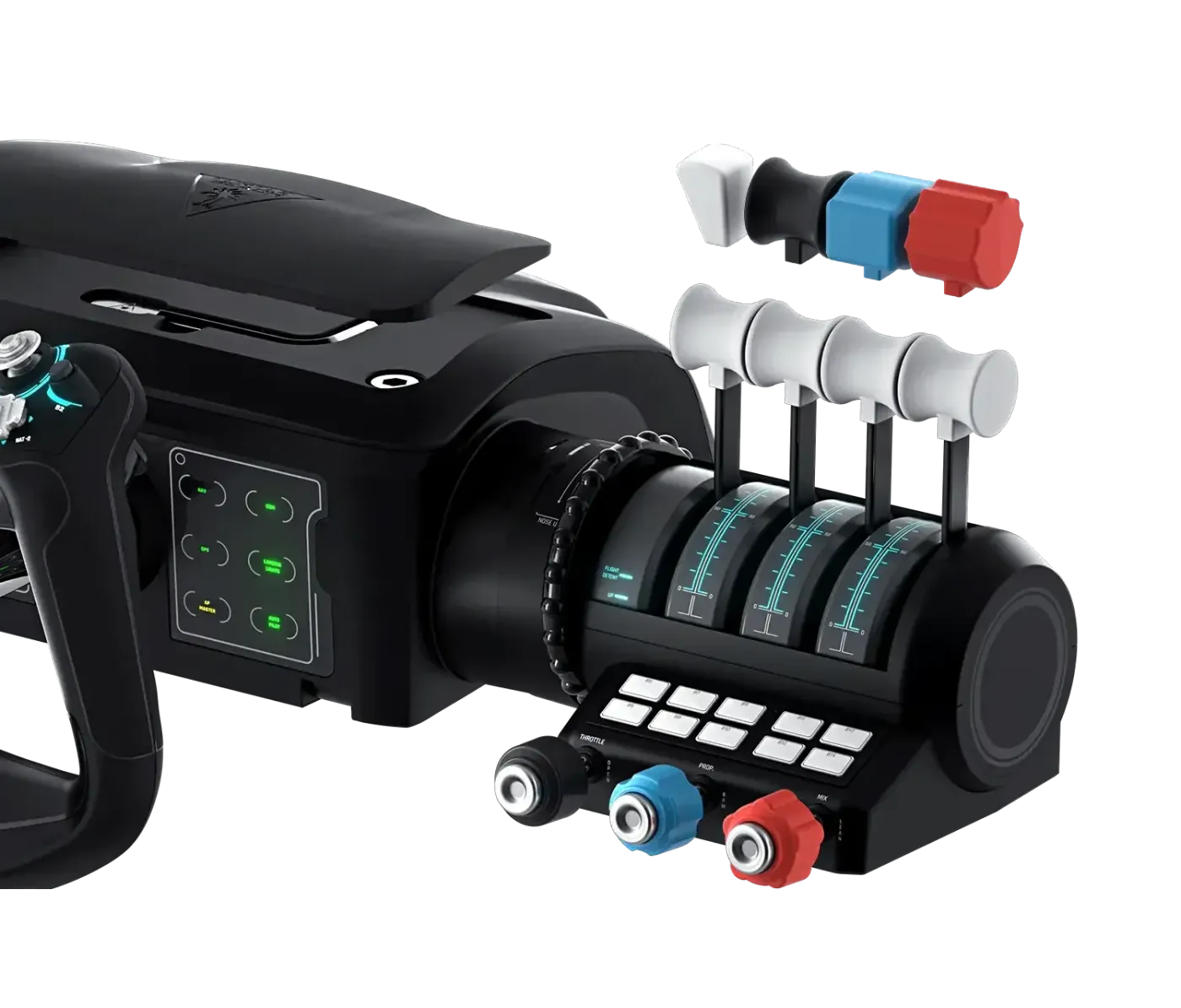 Modular throttle quadrant with dual levers and colored control knobs