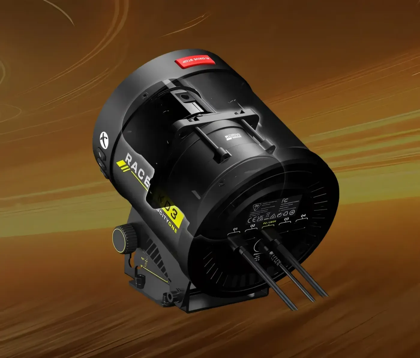 K Drive force feedback motor with fan and control knobs on orange background