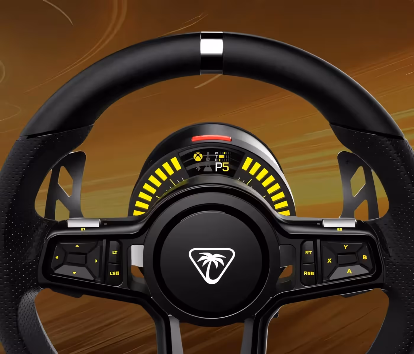 Racing wheel with buttons and digital Race Management Display on dynamic background