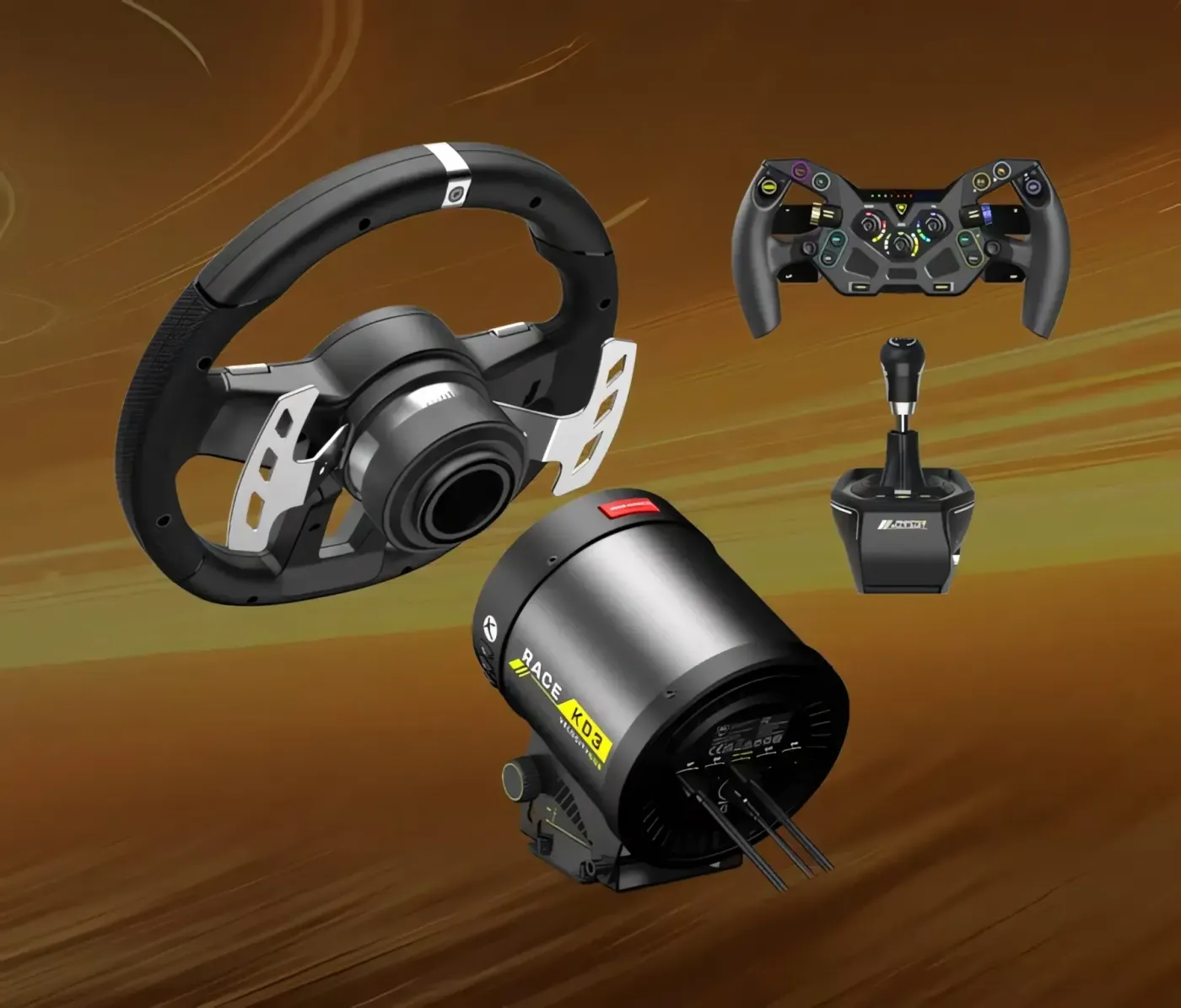 Complete racing setup with wheel, pedals, and gear shifter in modular design