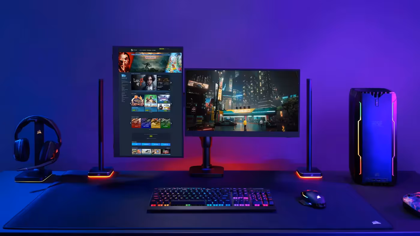 Monitor mounted on desk to optimize workspace and improve productivity
