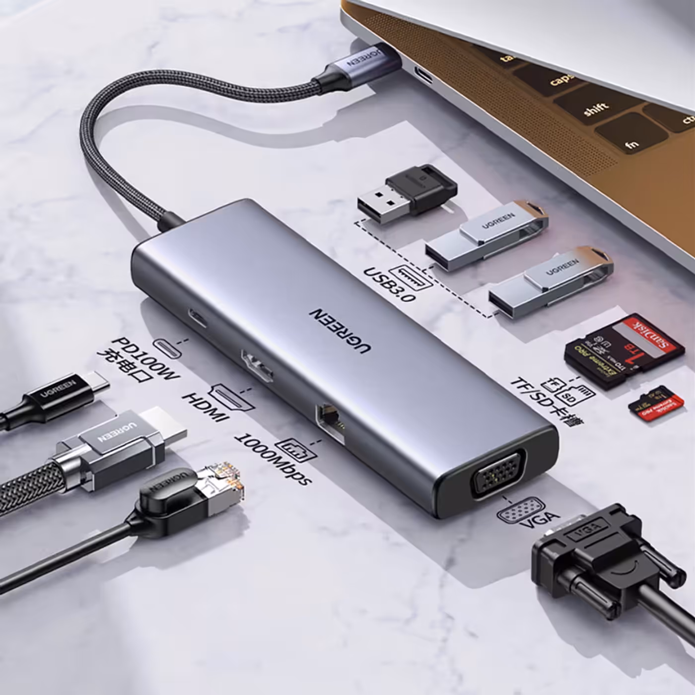 UGREEN hub providing 100W pass-through charging to a connected laptop