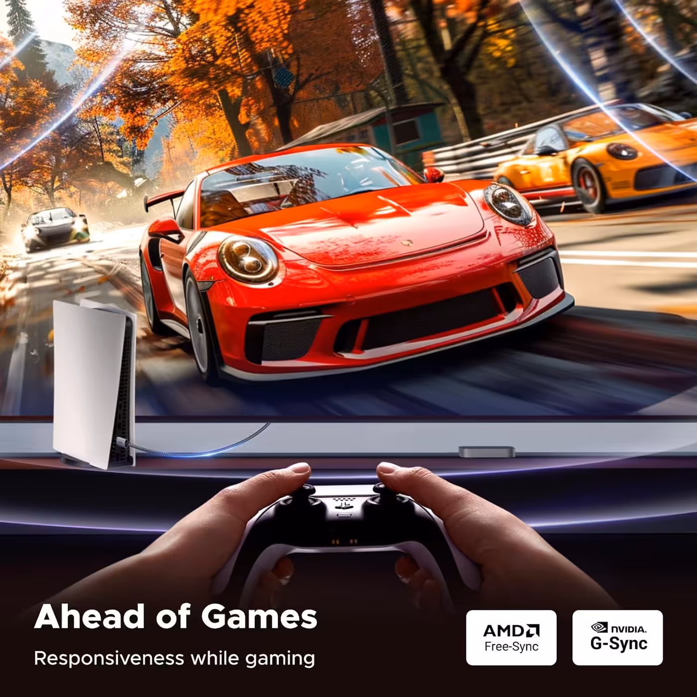Racing game on a monitor with AMD FreeSync and NVIDIA G-Sync badges