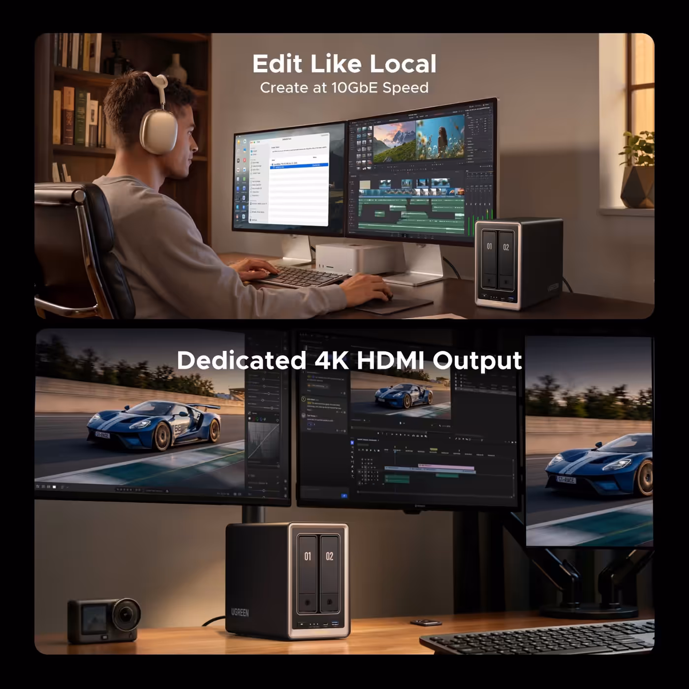 Editor working on footage stored on the UGREEN NASync DXP2800 GT