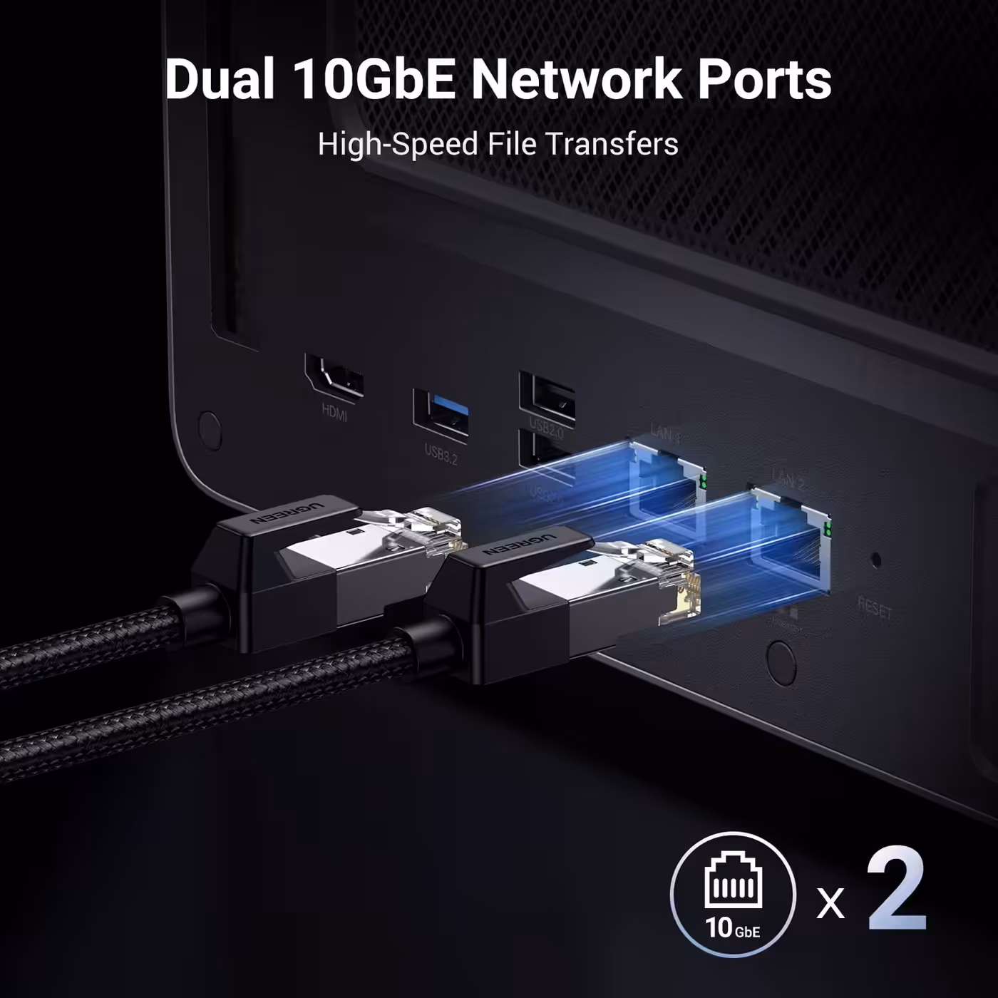 Two network cables plugged into the UGREEN DXP6800 Pro's 10GbE ports