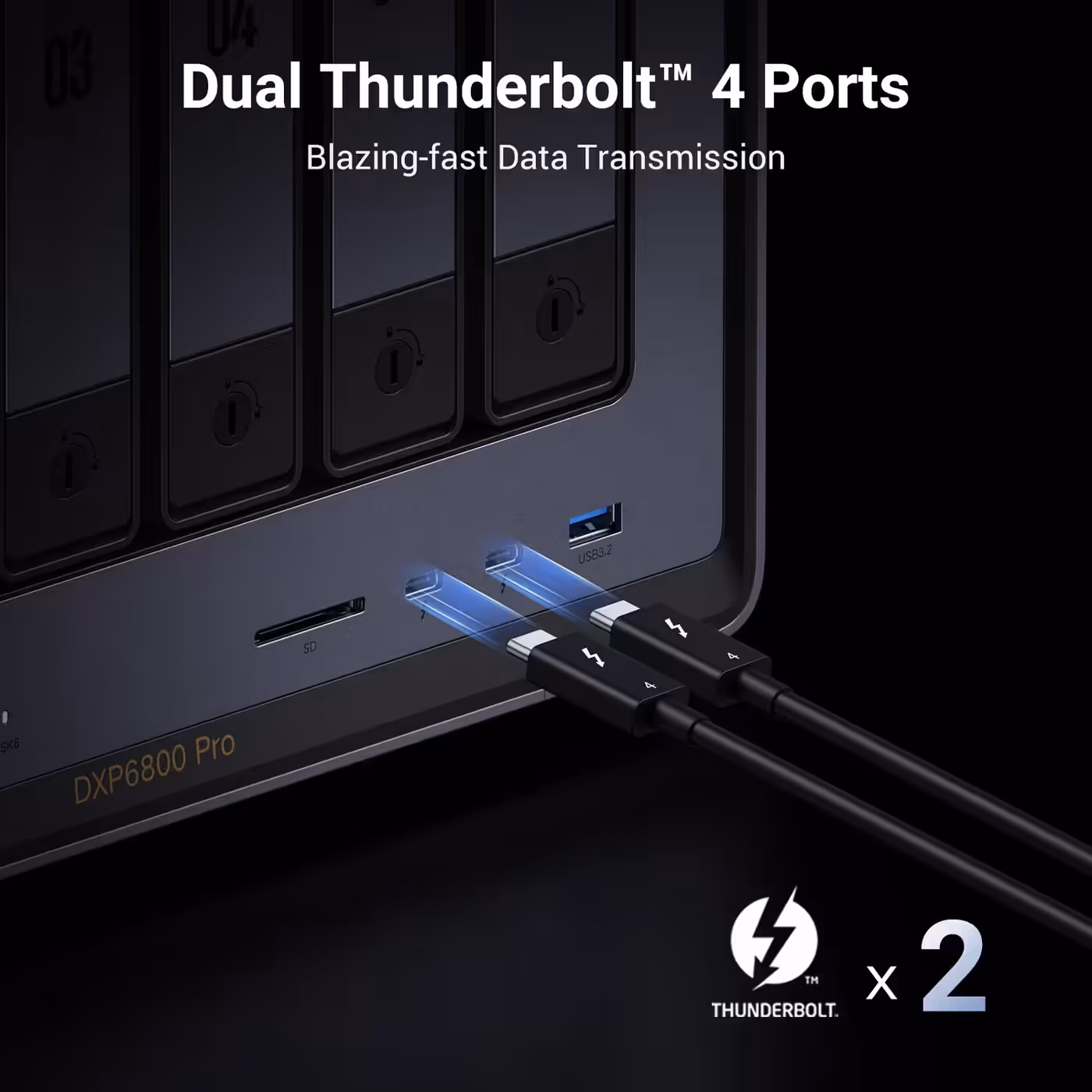 Thunderbolt 4 cables connected to the front of the UGREEN DXP6800 Pro