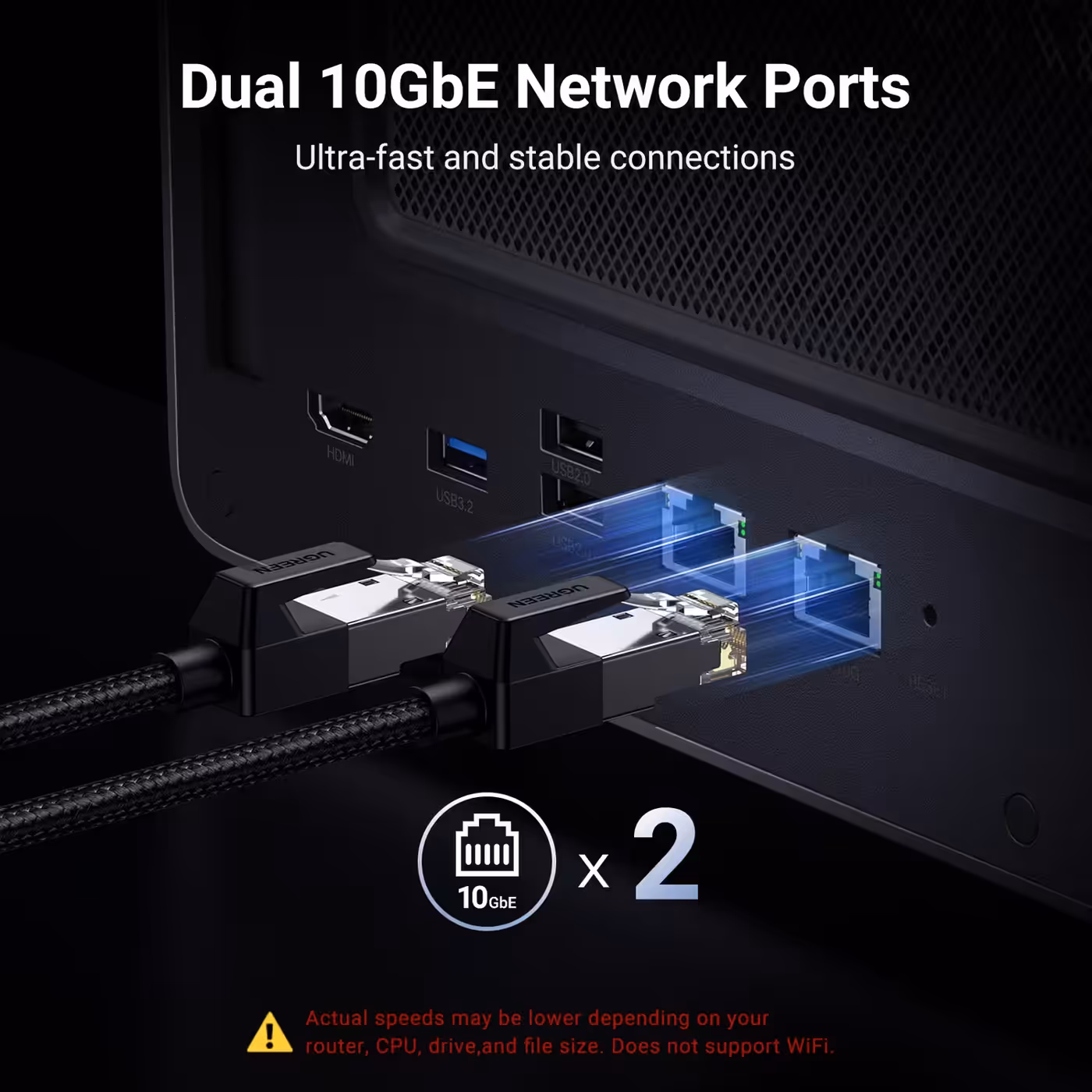 Two 10GbE network cables plugged into the back of the UGREEN NASync DXP8800 Ultra