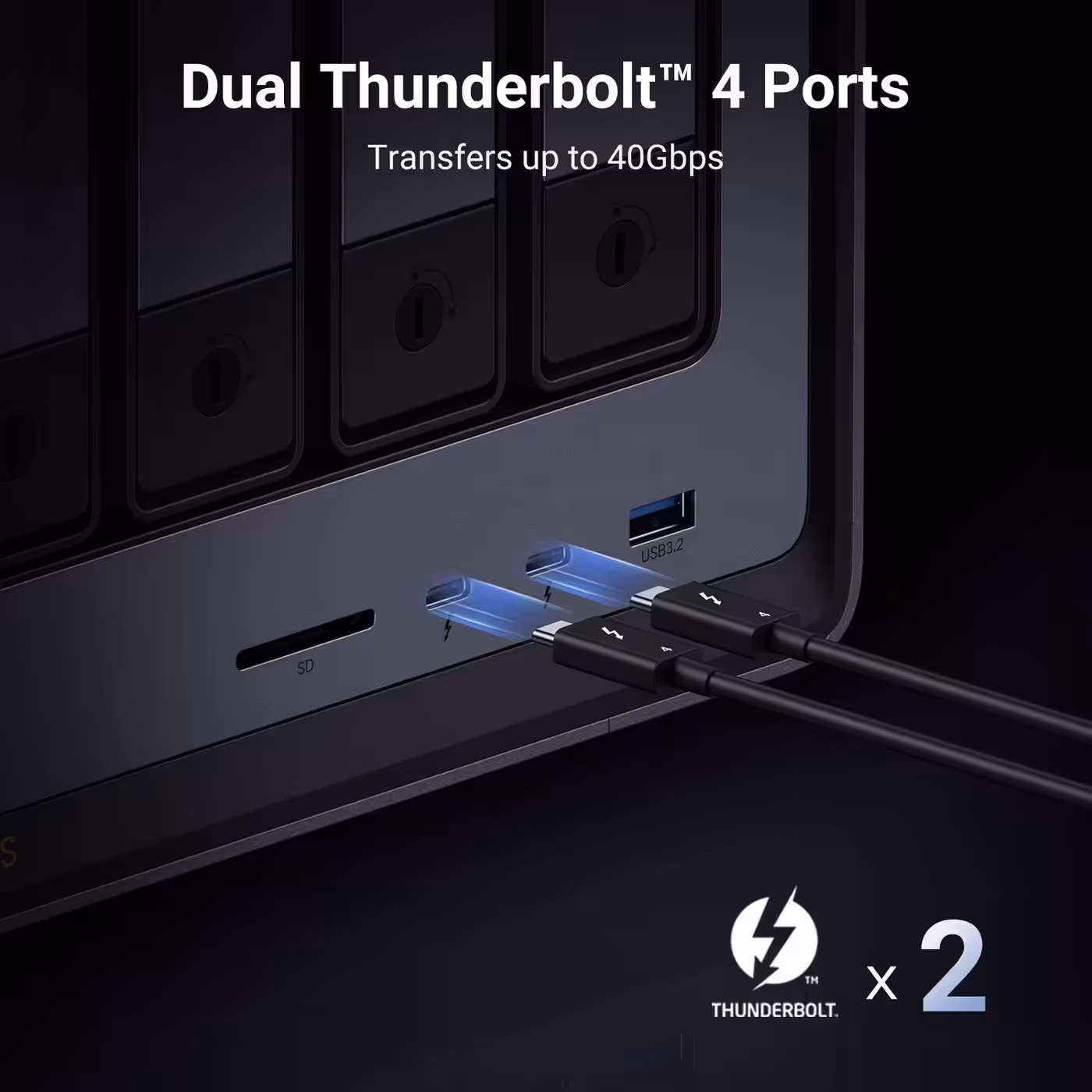 Thunderbolt 4 cables connected to the front of the UGREEN NASync DXP8800 Ultra