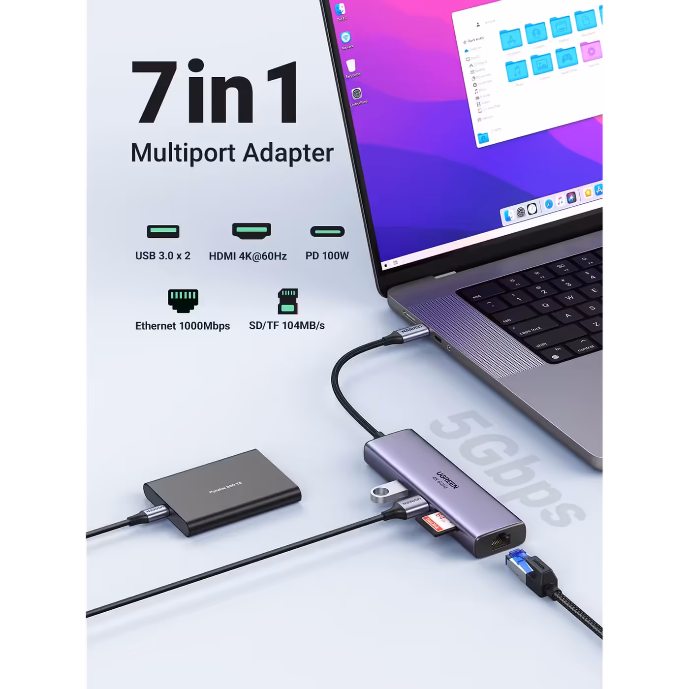 UGREEN Revodok 107 hub connected to a laptop with its seven ports labelled