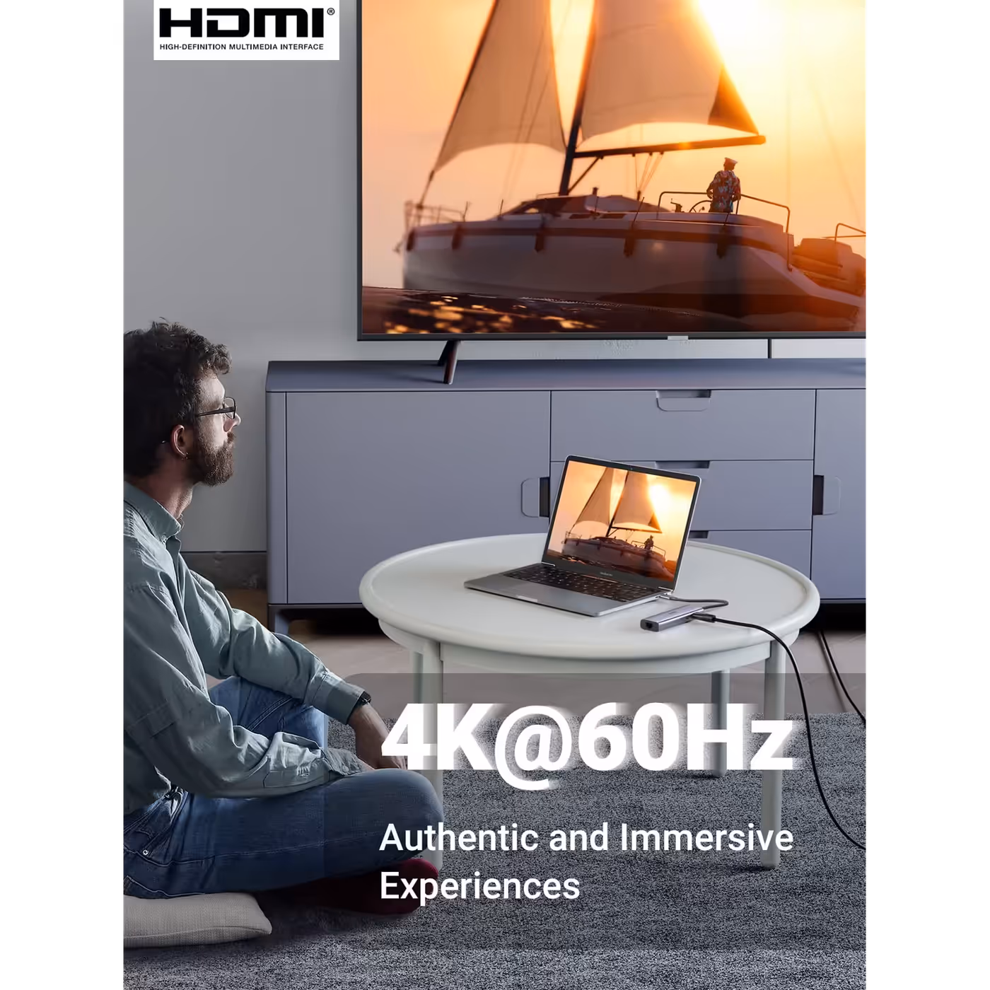 UGREEN Revodok 107 hub driving a TV at 4K 60Hz from a laptop