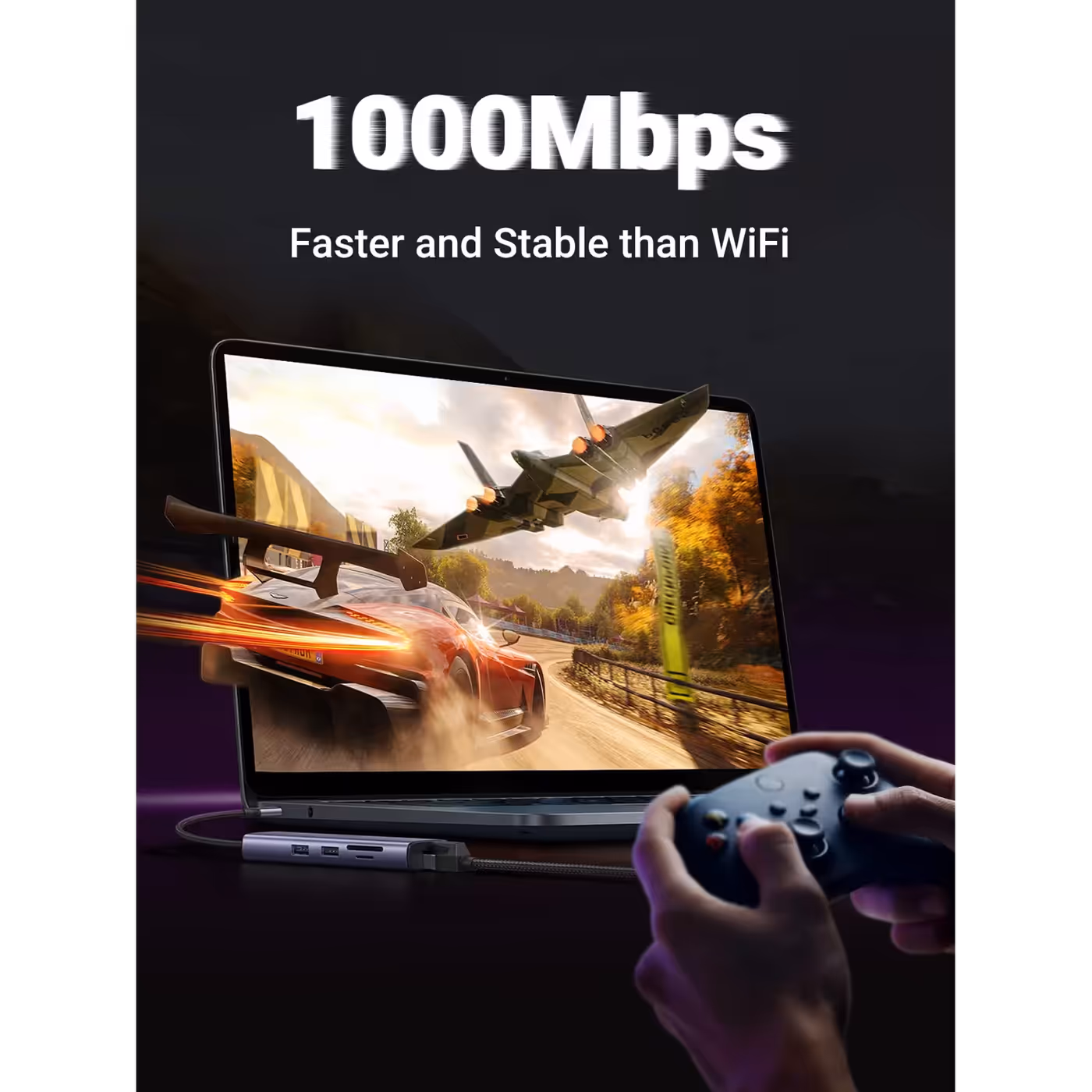 UGREEN Revodok 107 hub with an Ethernet cable connected for wired gaming