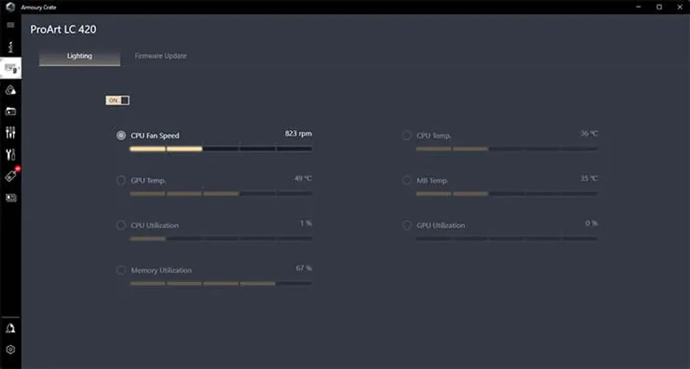 Illuminated meter showing CPU fan speed, temperature, and utilization