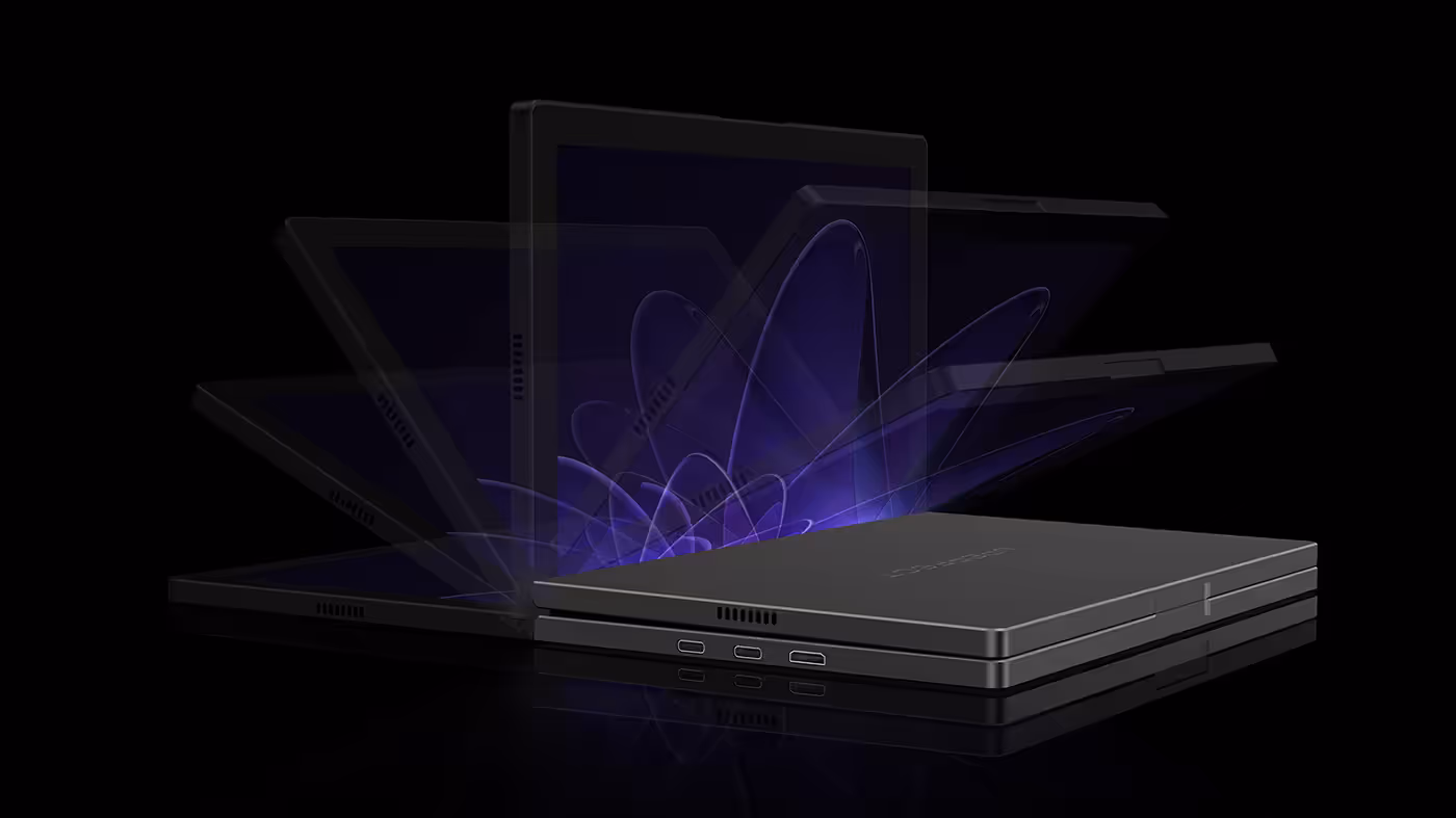Foldable OLED monitor positioned with its portable magnetic arm