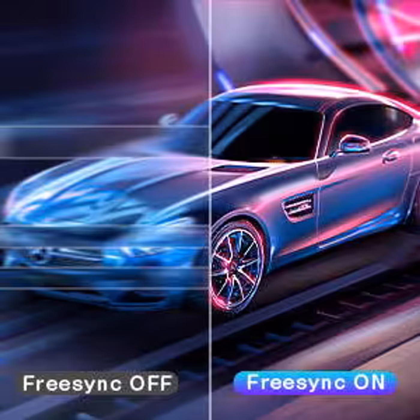 Graphic showing FreeSync technology eliminating screen tearing during gaming