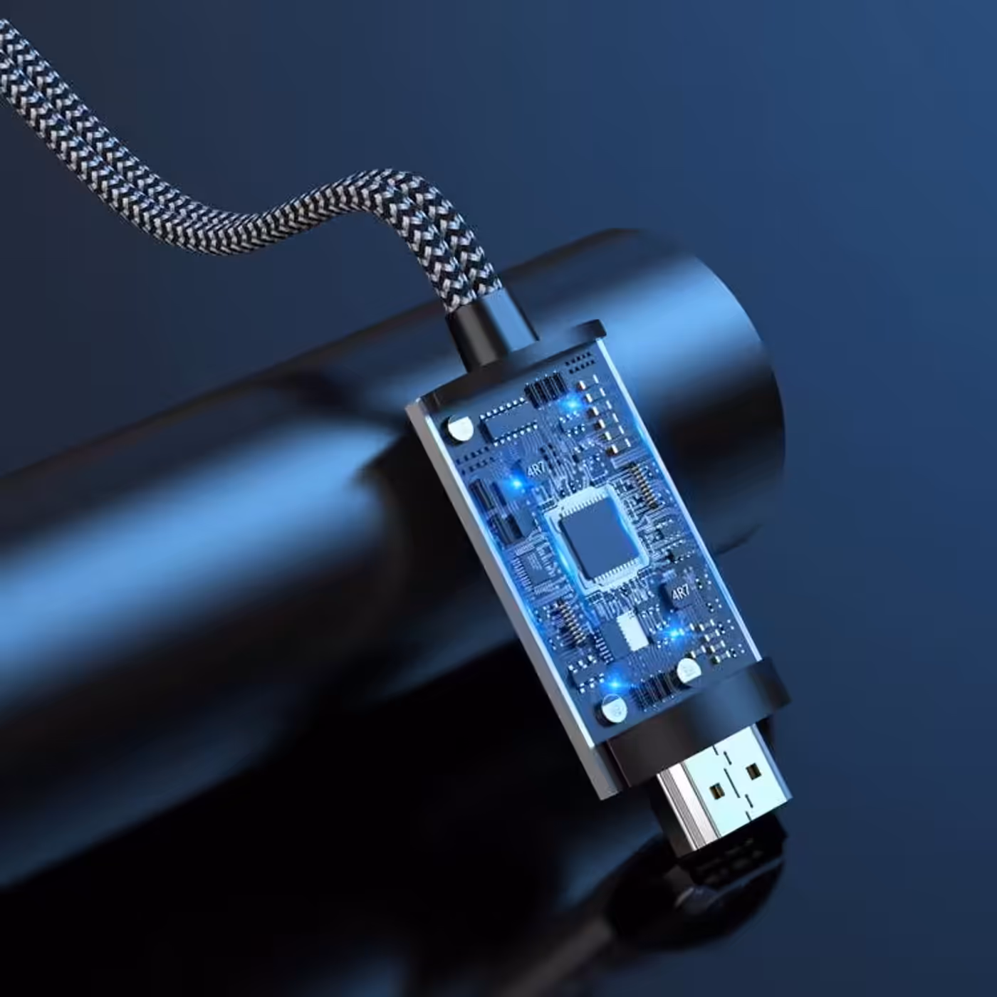 High-speed HDMI connection cable displaying HD video synchronization