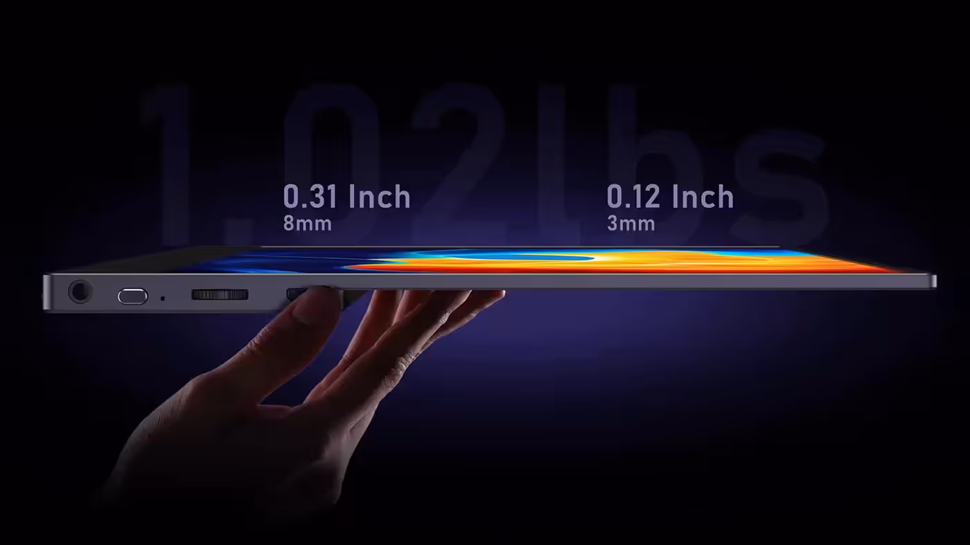 Side profile of the ultra-slim 8mm to 3mm aluminum portable monitor