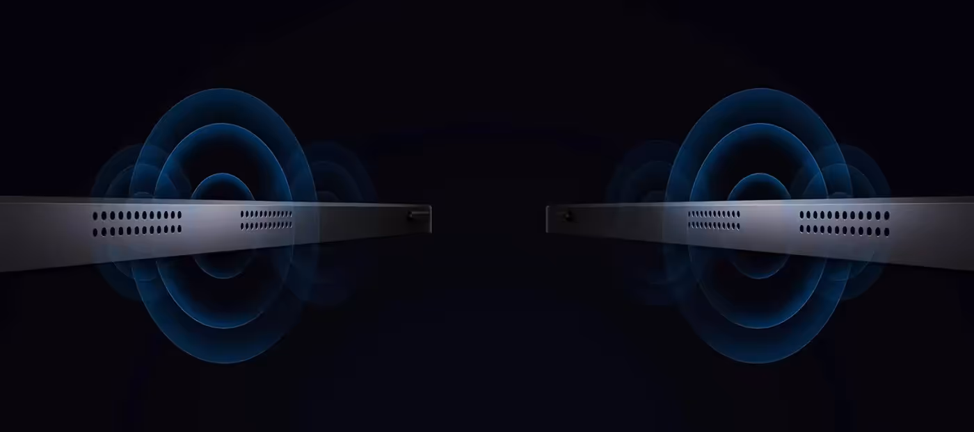 Built-in stereo speakers providing high-quality audio for a clean workspace