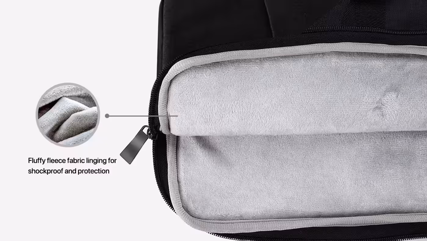 Soft plush interior fabric protecting a laptop from shocks and friction