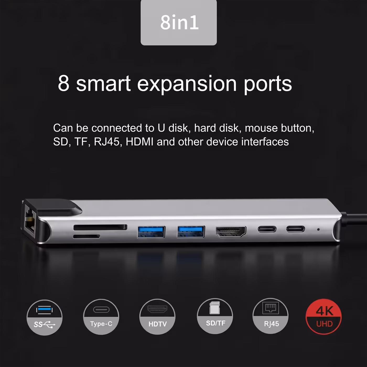 UExtend hub with a memory card, USB drive and USB-C charging cable attached