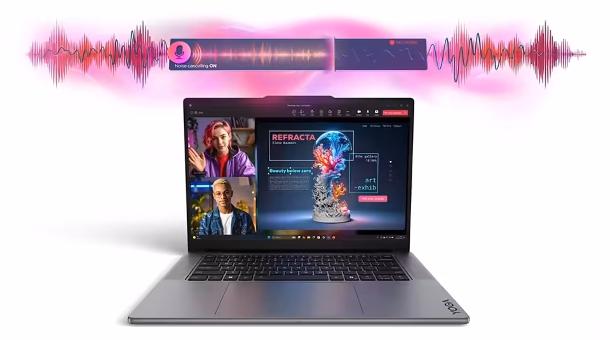 Front view of the Lenovo Yoga Pro 7i Gen 11 Aura Edition (15” Intel) with a videocall on the display and a volume indicator hovering above it.