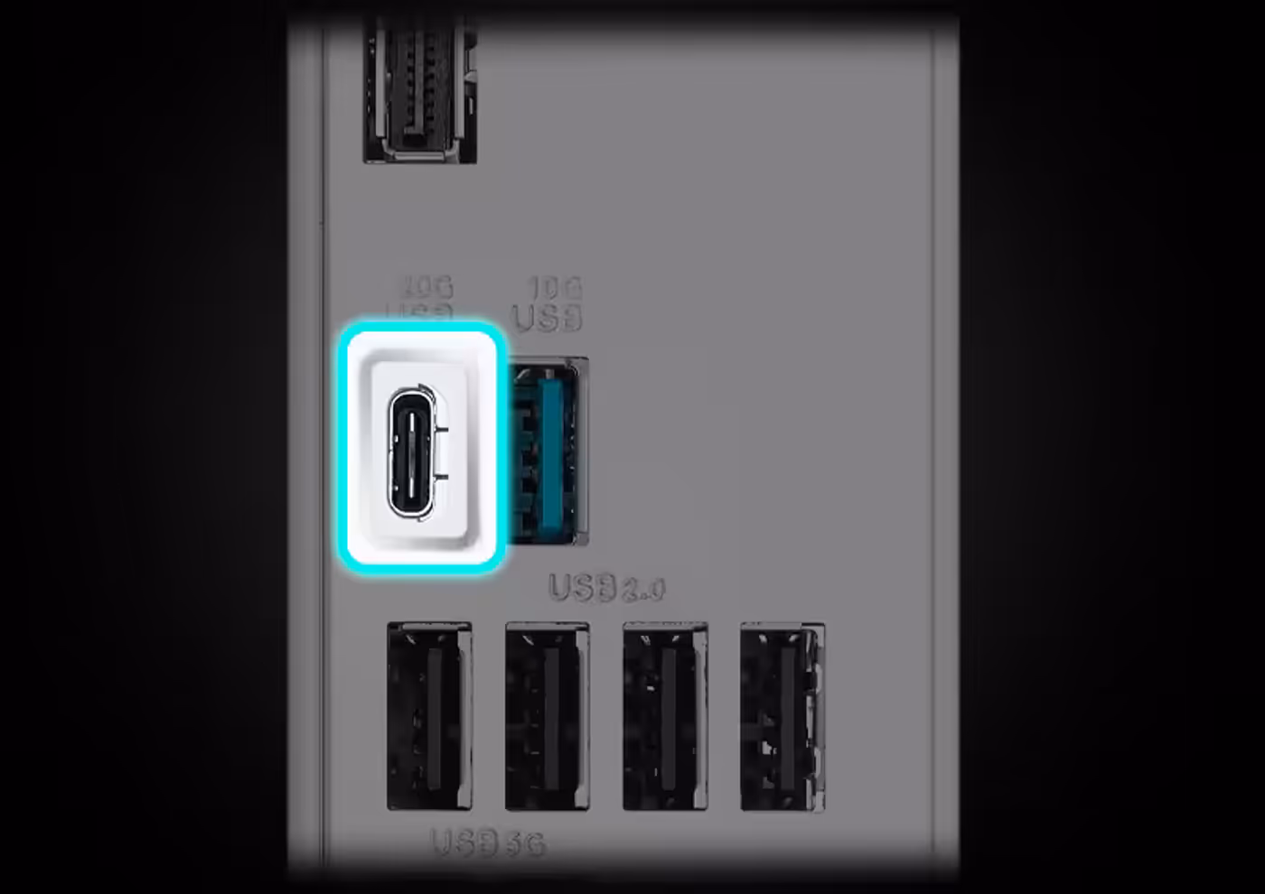 Close-up of motherboard I/O panel featuring high-speed 20Gbps USB Type-C port