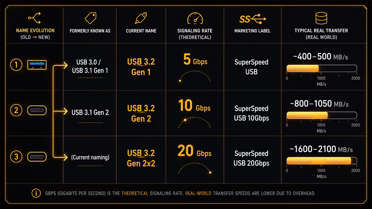 USB 3.2 naming and speeds chart
